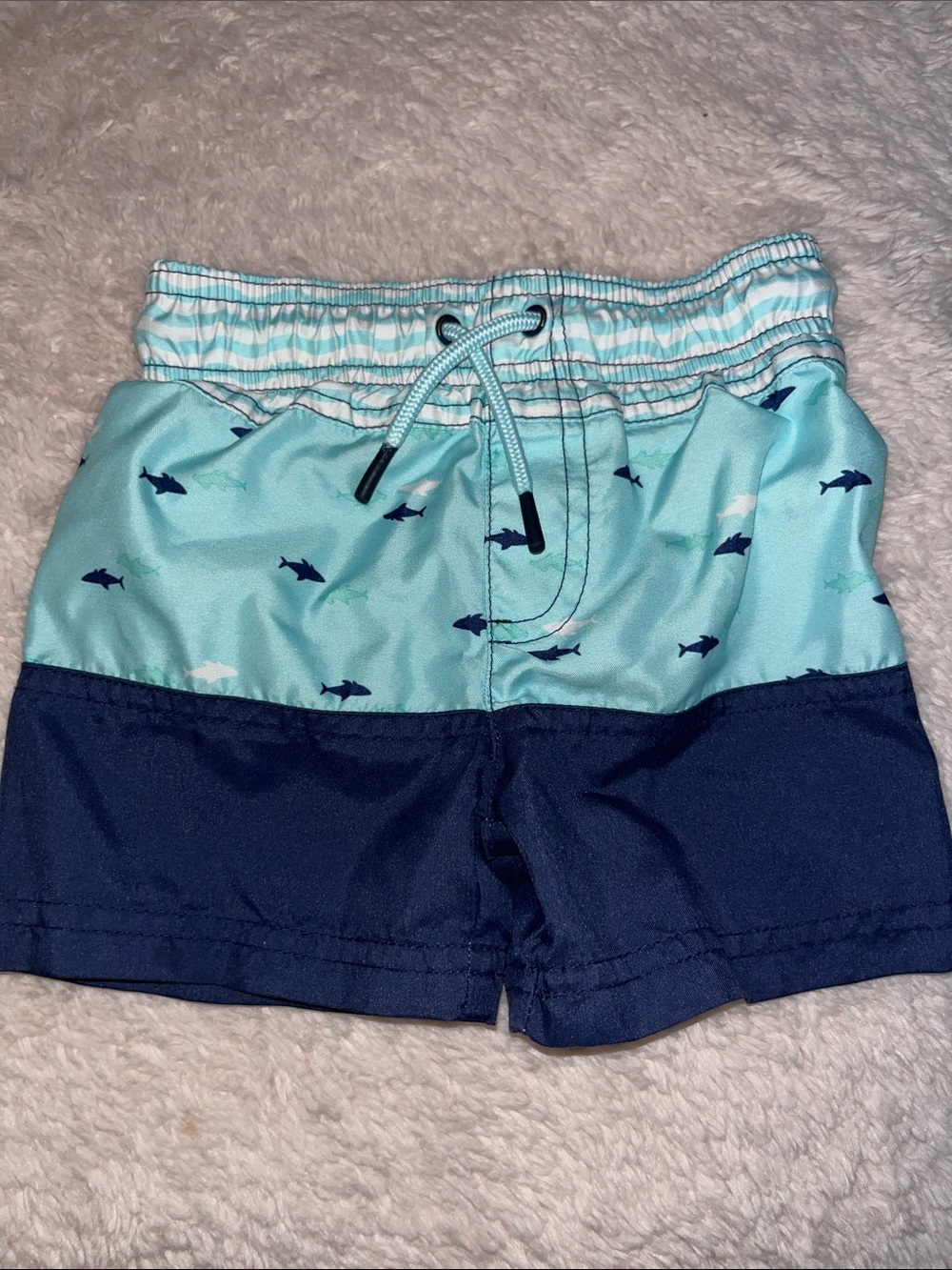 Cat & Jack Teal and Navy Shark-Print Swim Trunks